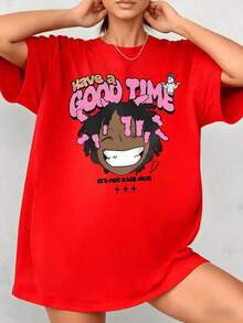 Comfortable. Smiling Cartoon Face With Curly Hair And Pink Streaks Conveying Fun And Positive Energy. Women's T-Shirt, 100% Cotton, 220g. Loose, Versatile Short Sleeve T-Shirt For Women. - 紅色的 - 查看 12