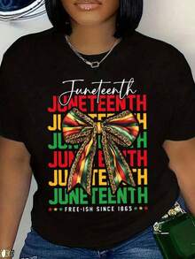 Women's T-Shirt, Juneteenth Celebration Print With Colorful Ribbon And "Free Since 1865" Text, Regular Fit, Crew Neck, Casual Wear For Juneteenth Events, Gift Idea - 黑色 - 查看 6