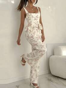 Conjunto casual primavera estilo europeo estampado con volantes elegante moda vacacional para mujer - Blanco - Ver 7