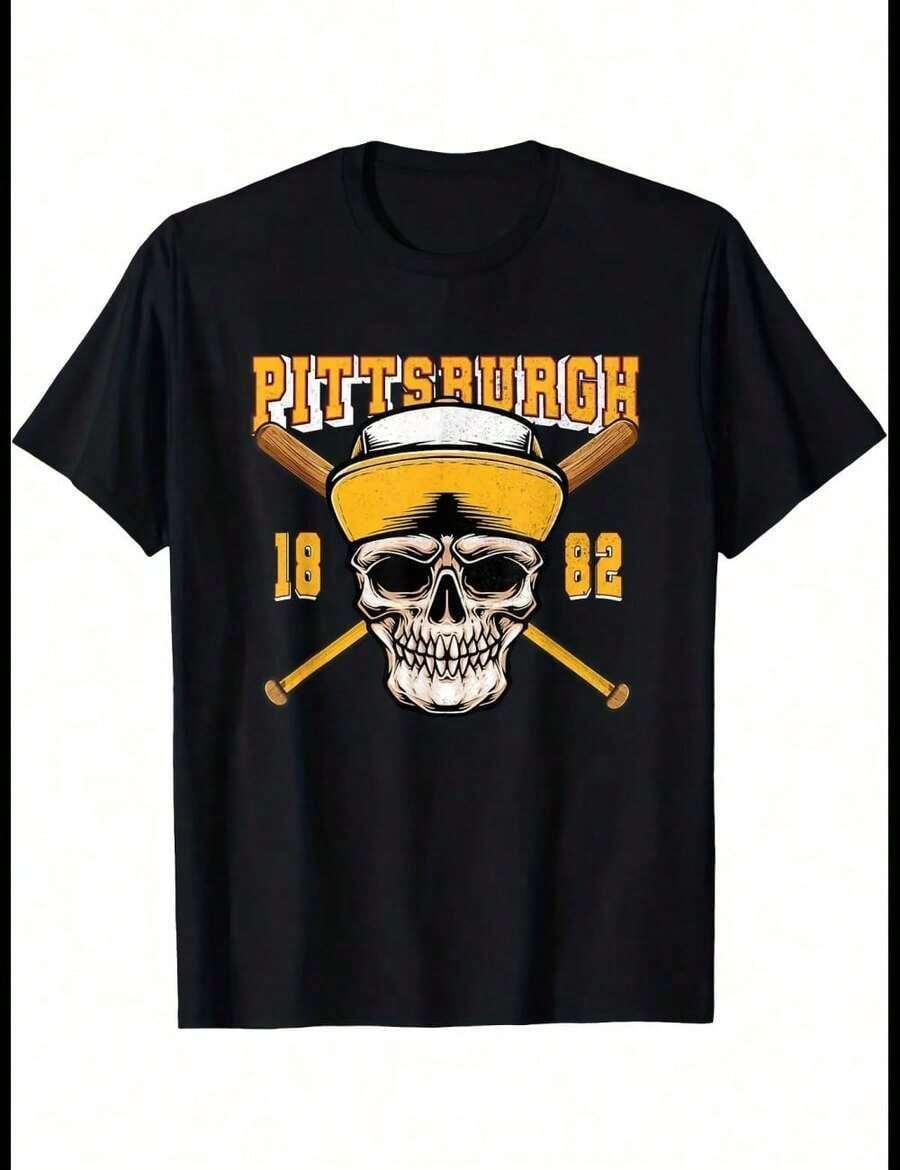 Cute Unisex Premium Casual T-Shirts, Pittsburgh Baseball Graphic T-Shirt For Men, Retro Clothing For Pirates Fans With Skull And Crossed Mallets Design, Loose Fit Short Sleeve T-Shirt, Team Black And Gold Colors, Casual Style, Crew Neck. - 黑色 - 查看 1