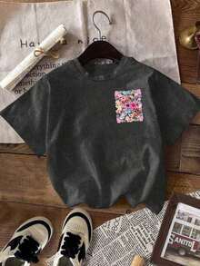 Women's Casual Floral Print Slim Fit Short Sleeve T-Shirt Graphic Tees Women Tops,Vacation,Spring,Resort Wear Women Spring Sun Print Short Sleeve T-Shirt,Women's Summer New Casual Floral & Letter Print Loose Versatile Round Neck Dark Grey Short Sleeve T-Shirt, Fashionable Everyday & Holiday Wear - Negro - Ver 2