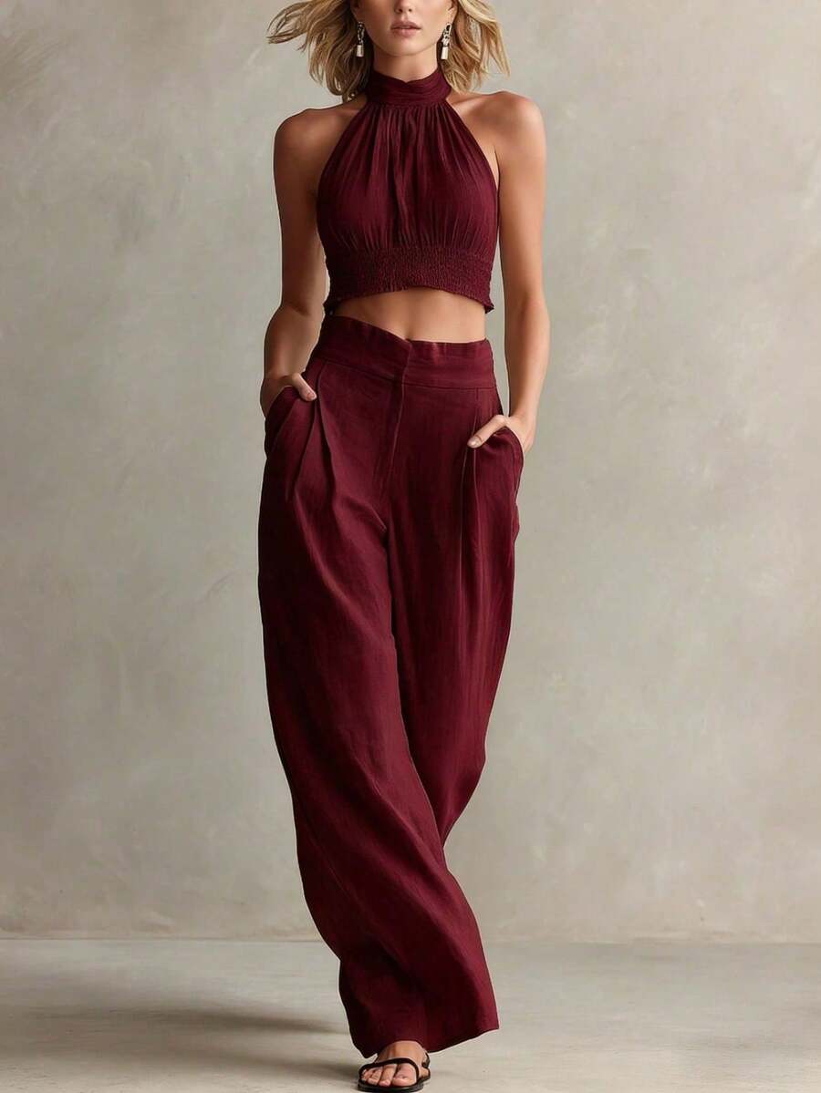 Conjunto de 2 piezas nuevo de moda para mujer, estilo casual, top halter de cuello redondo y espalda descubierta, pantalón largo, perfecto para vacaciones, playa y looks de verano - Burdeos - Ver 1