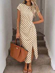 Vestido midi casual de mujer con estampado de lunares, cintura retorcida y abertura alta sin mangas; Vestido ajustado texturizado casual de mujer; Conjunto de fitness de mujer; Vestido de invitada de boda de mujer; Atuendo de oficina de mujer - Multicolor 10 - Ver 3