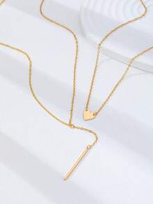 Bộ 2 dây chuyền nữ nhiều lớp, dây chuyền hai lớp tinh tế với mặt dây chuyền hình trái tim và mặt dây chuyền hình thanh, dây chuyền choker tối giản, phù hợp cho cả đeo hàng ngày và đi làm. - Vàng - Xem 4