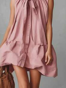 Elegante y retro Resort frente al cuello abrochado minifalda de algodón rosa y lino con borde de burbuja - Rosa - Ver 3