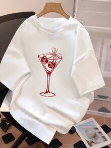 Camiseta de verano para mujer con estampado de cócteles de cereza y cuello redondo, camiseta casual de manga corta con cuello redondo para mujer, adecuada para uso diario - Estilo vintage urbano, camiseta unisex holgada de algodón de manga corta con cuello redondo, blusas para mujer. blusas.blusas casuales para dama. - Blanco - Ver 6