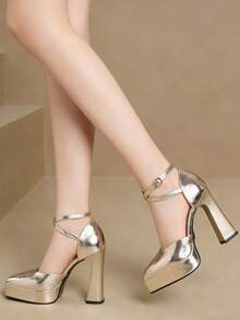 Comfortable High Heel Sandals, Fashion Women Shoes - Gold - View 3