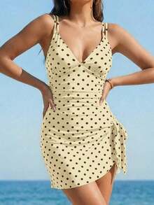 Swim Mod Vestido de baño con tirantes de mujer con pliegues y lunares para playa y vacaciones - Amarillo - Ver 3