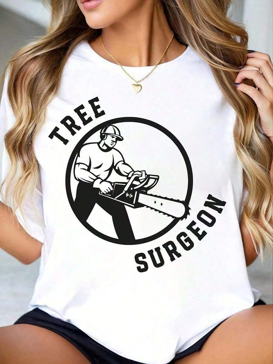 Camiseta Moderna Minimalista para Mujer con Cuello Redondo, Estampado Gráfico de Cirujano de Árboles, Manga Corta, Top Casual de Verano para Actividades al Aire Libre y Uso Diario - Blanco - Ver 1