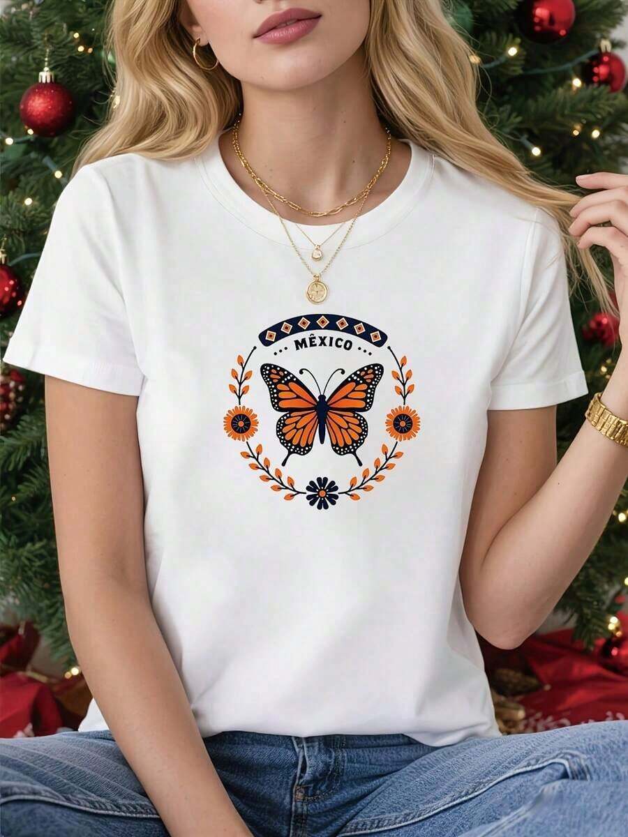 Talla Grande, Camiseta de Talla Grande con Estampado de Mariposa Mexicana y Floral "MéXICO", Camiseta Blanca de Manga Corta con Cuello Redondo Estampada - Lavable a Máquina, Adecuada para Primavera, Verano y Otoño, Estilo Casual, Ajuste Cómodo, Diseño Moderno, blusas para mujer - Blanco - Ver 1