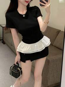 レディース トップス 半袖 Tシャツ カットソー 裾フリル ペプラム 重ね着風 レイヤード 配色 バイカラー 体型カバー お腹周りカバー 着痩せ 華奢見え 大人可愛い フェミニン 韓国ファッション きれいめ カジュアル ガーリー モノトーン デート 女子会 通勤 オフィスカジュアル ワンマイルウェア 20代 30代 40代 クルーネック 春 夏 柔らかい 通気性 デザイントップス 細見え 脚長効果 - ブラック - チェックする 4