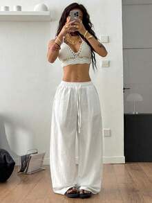 Pantalones anchos de pierna ancha con estampado de rayas, cintura con cordón, cómodos, para mujer, estilo casual de playa y vacaciones, estilo bohemio - Blanco - Ver 10