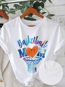 Camiseta de Mujer Talla, Cuello Redondo, Estampado de Corazón, Baloncesto y Letras en Degradé de Colores - Blanco - Ver 2