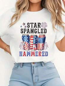 Camiseta GraphicWhite, con diseño divertido de amante de la cerveza y estrellas, perfecta para el 4 de julio. Camiseta casual de manga corta y cuello redondo para mujer - Ideal para la temporada de vacaciones y actividades al aire libre. - Blanco - Ver 1