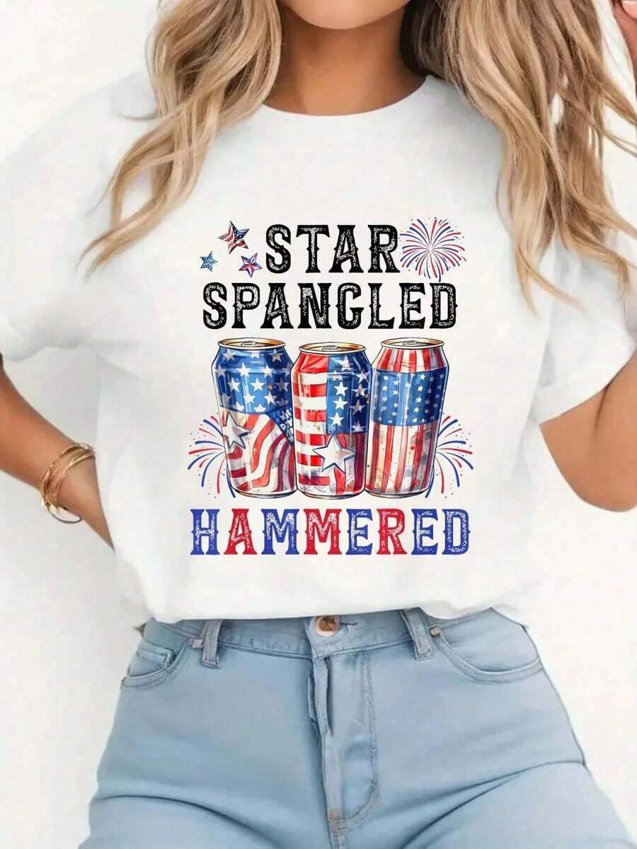 Camiseta GraphicWhite, con diseño divertido de amante de la cerveza y estrellas, perfecta para el 4 de julio. Camiseta casual de manga corta y cuello redondo para mujer - Ideal para la temporada de vacaciones y actividades al aire libre. - Blanco - Ver 1