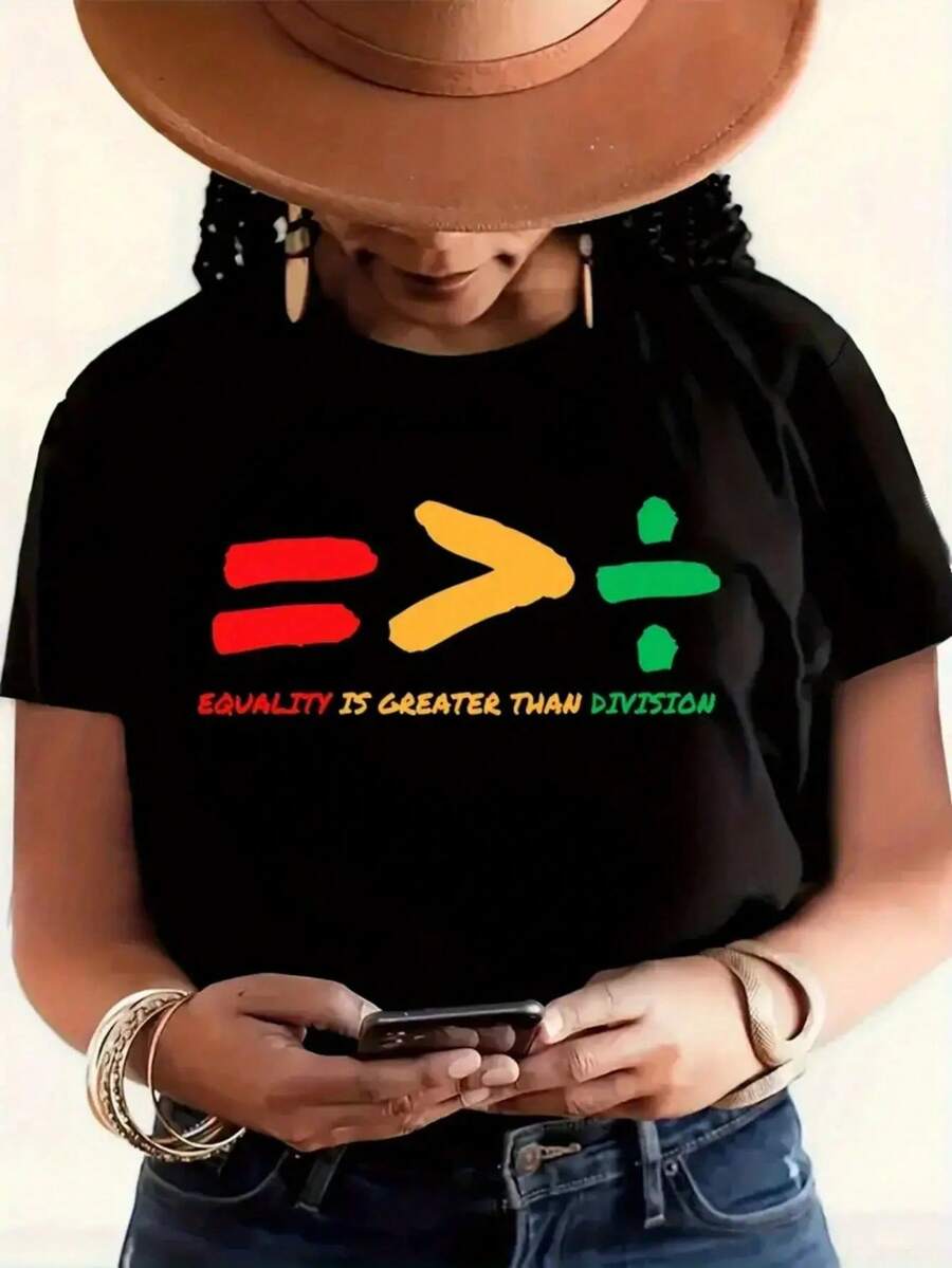 Solid Color Women'S T-Shirt - Features An Equality Message And Geometric Design, Round Neck, Short Sleeves, Black With Red, Yellow, And Green Highlights, Ideal For Summer Casual Gatherings, Machine Washable, Breathable Fabric - 黑色 - 查看 1
