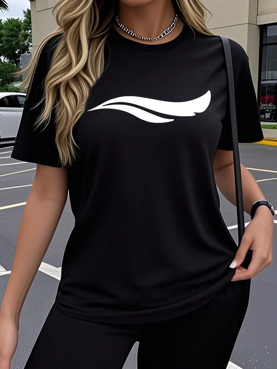 Women's Short-Sleeved T-Shirt, Single Pack, Creative And Fashionable Artistic Design With Geometric Wing And Fun And Popular Print, Elastic Round Neck Top, Comfortable Outerwear For Spring And Summer, Y2K Cute Casual Loose Fit Top, Simple And Elegant Neck - 黑色 - 查看 1