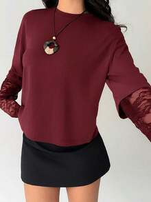 Women's Solid Color T-Shirt With Minimalist Lace Sleeves For Everyday Wear - 波爾多 - 查看 5