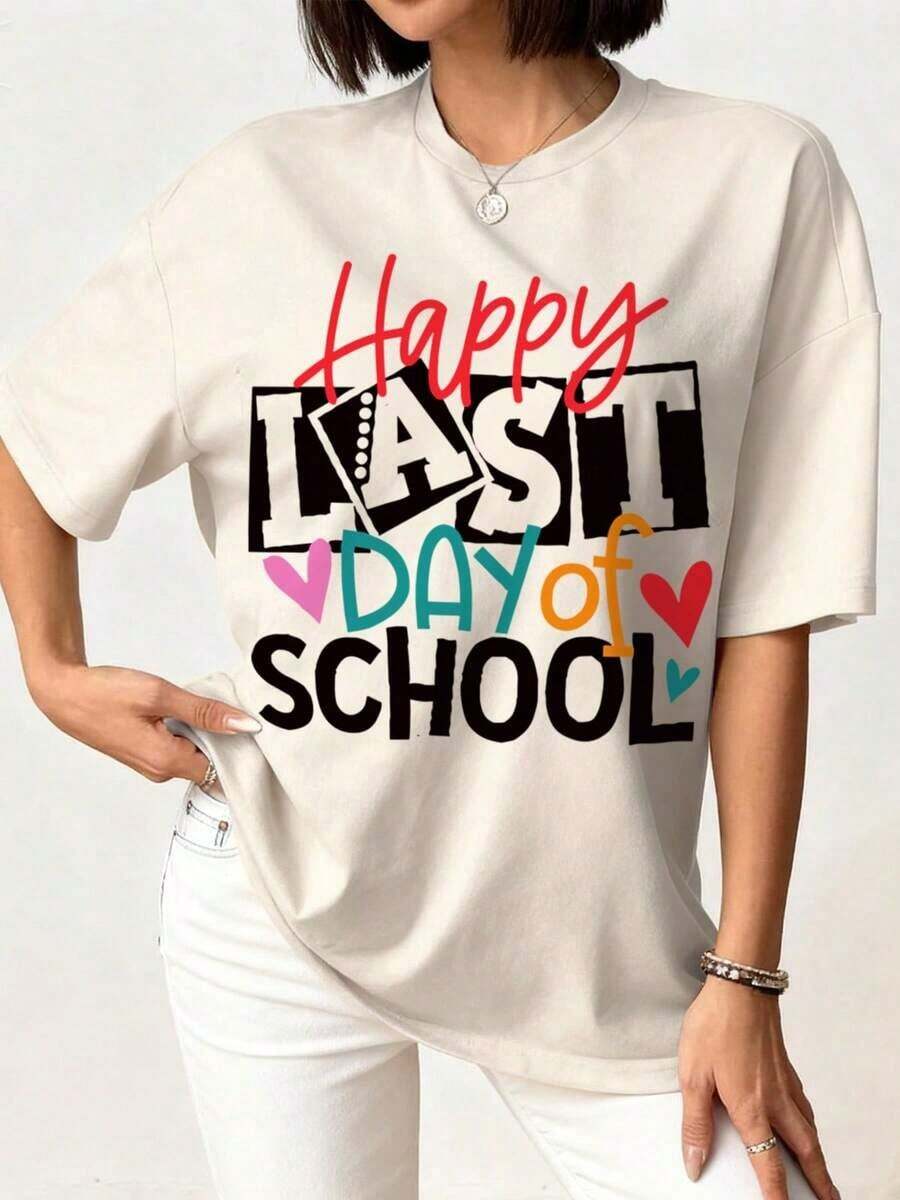 Korean Casual Loose T-Shirt, Funny School Day Graphic Tee - Last Day Of School T-Shirts For Women Teachers, School Graduation T-Shirt, Thank You Gift T-Shirt, Stylish And Comfortable Everyday Graphic Tee For Curvy Women - 杏色 - 查看 1