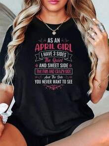Cotton Fashion T-Shirt With The Birth Month Of April, Women's Short Sleeve Round Neck Printed T-Shirt, Women's Casual Summer Graphic T-Shirts. - 黑色 - 查看 1
