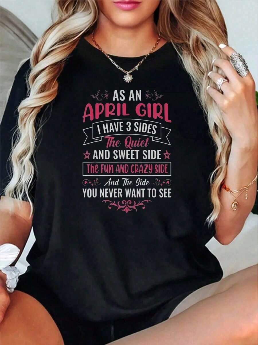 Cotton Fashion T-Shirt With The Birth Month Of April, Women's Short Sleeve Round Neck Printed T-Shirt, Women's Casual Summer Graphic T-Shirts. - 黑色 - 查看 1