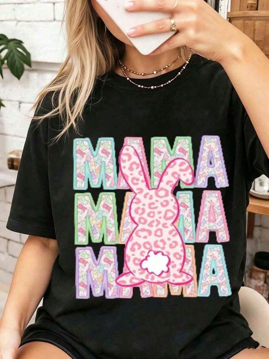 Nueva Llegada 2026, Camiseta Casual de Algodón Puro con Cuello Redondo para Mujer, Diseño de Conejito y Leopardo Pastel, Suave y Cómoda para Primavera y Verano, Camiseta de Moda para Mujer - Negro - Ver 1