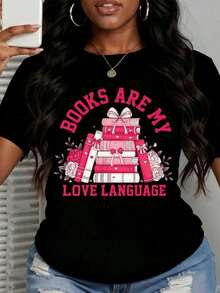 Women's Clothing Funny Crew Neck T-Shirt With Print For Women Books Are My Love Language Stack Of Books With Roses And Hearts Casual T-Shirt 100% Cotton For Reading Lovers And Bookworms Gift Idea For Valentine's Day, Birthday Party, Celebration Women's Shirts - 黑色 - 查看 6