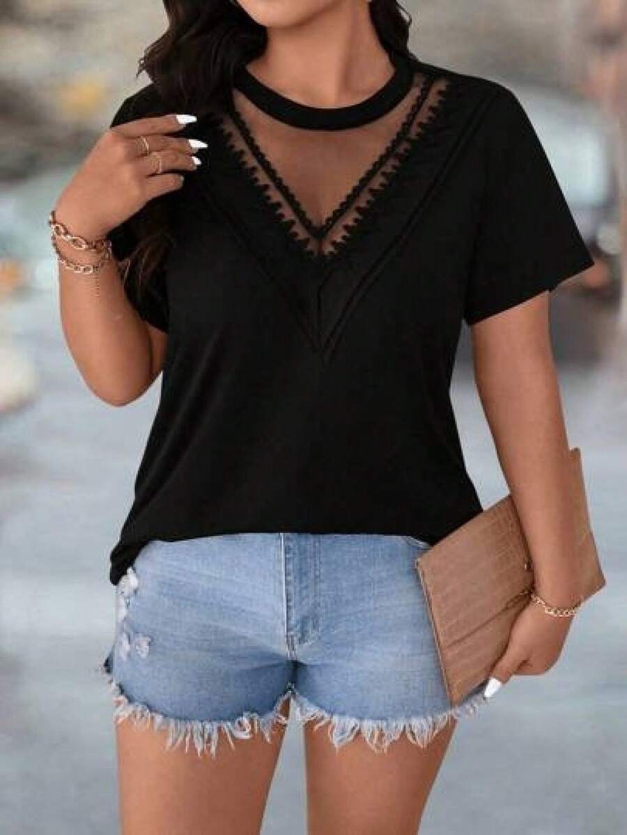 Kids' Outfits (Only Available For The Short-Sleeved Shirt Shown In The Image) "Plus Size Crew Neck Mesh Patchwork Ruffle Trim Short Sleeve T-Shirt Gifts For Children, Classmates, And Friends. Perfect For Pre-Holiday Shopping Or As A Birthday Gift. - Black - View 1