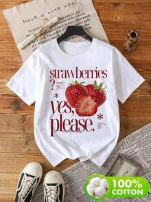 Ropa de mujer de talla grande, Camiseta de cuello redondo para mujer con diseño retro de estampado de fresas en estilo vintage - Blanco - Ver 1