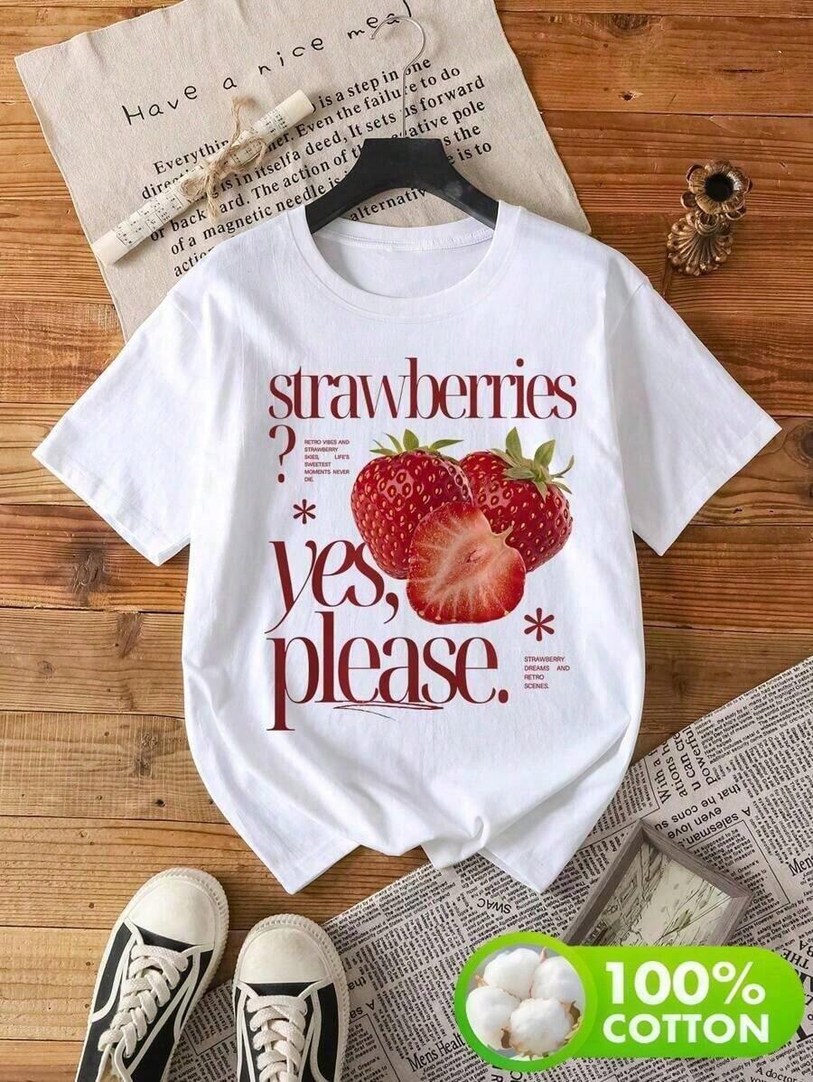 Ropa de mujer de talla grande, Camiseta de cuello redondo para mujer con diseño retro de estampado de fresas en estilo vintage - Blanco - Ver 1