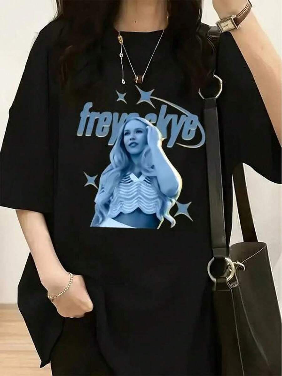 Camiseta unisex de manga corta, Verano Tops El Freyaskye Diseño Características A Personaje Imagen Exhibición A Estilo Camiseta - A Mujeres A la moda Informal Cuello Redondo Manga corta Superior, Hecho De Suave, Con A Suelto Ajuste Esencial Para Todos Moda Amantes.Unisexo Camisetas Para Verano Salidas Gráfico Camisetas Jugadoras hombre, , ,  mujer,romwe hombres, boho chic,maestras regalos,camiseta para conjuntos de mujer con curvas para mu,y2k, - Negro - Ver 1