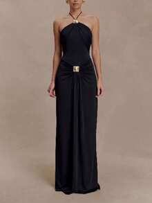 Vestido largo entallado de cuello halter con cintas flotantes, estilo elegante y refinado - Negro - Ver 6