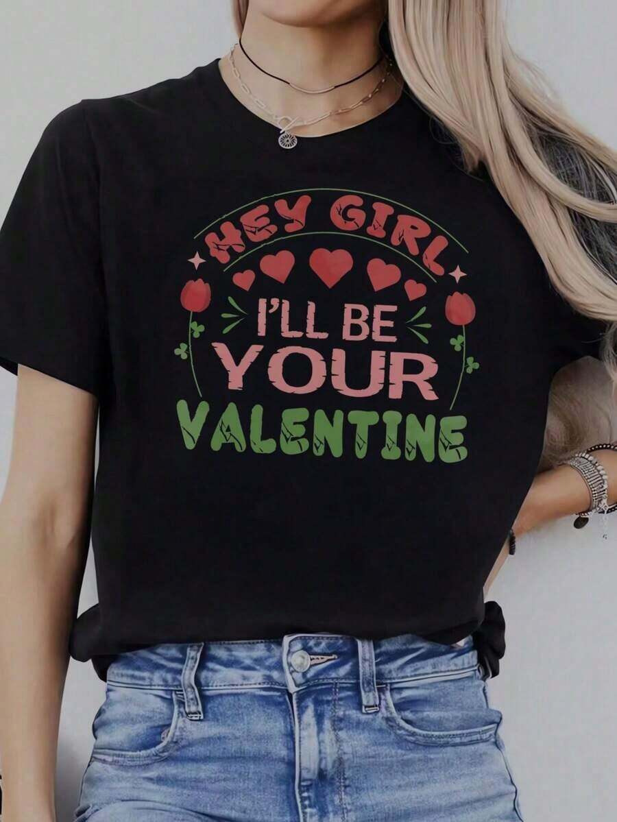 Women's Short Sleeve T-Shirt, Casual Crew Neck Short Sleeve T-Shirt, Valentine's Day Creative Printed Patterns, Simple Design, Suitable For All Seasons, Comfortable And Versatile, The Perfect Choice For A Birthday Gift, It's Also A Good Choice For Family Gifts And A Summer Friends T-Shirt - 黑色 1 - 查看 1