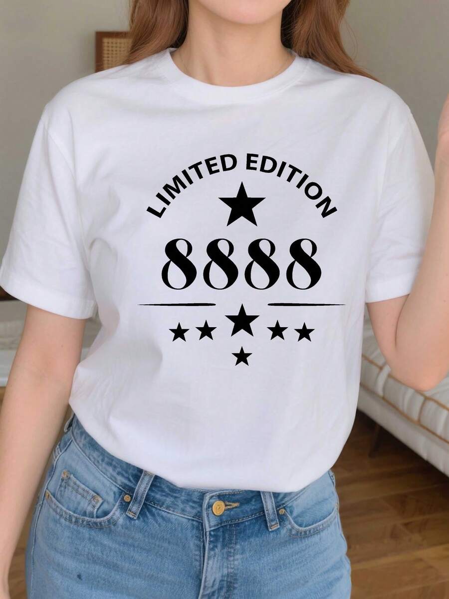 Women's T-Shirt Humorous Years Limited Edition 8888 - Limited Edition Number 8888, Casual Top Made Of Pure Cotton With A Slim Fit, Featuring The Number 888 Symbol, Machine Washable, Suitable For Chinese New Year, Birthdays And Special Occasions. - 白色 - 查看 1