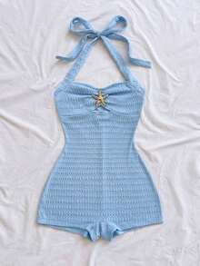 Mono de textura de unicolor con lazo de atar en el cuello para vacaciones, para fiesta en la playa - Celeste - Ver 3