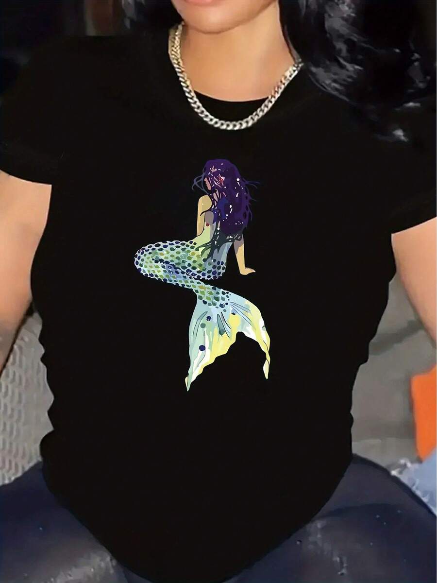 Women's Casual Short Sleeve Sports T-Shirt - Sparkling Mermaid Print, Elastic Crew Neck Design, Machine Washable For All Seasons Comfort, Medium Fit, Fun And Fashionable. - Hitam - View 1