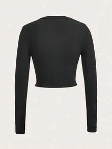 Camiseta corta casual con estampado floral para mujeres, primavera y otoño - Negro - Ver 2