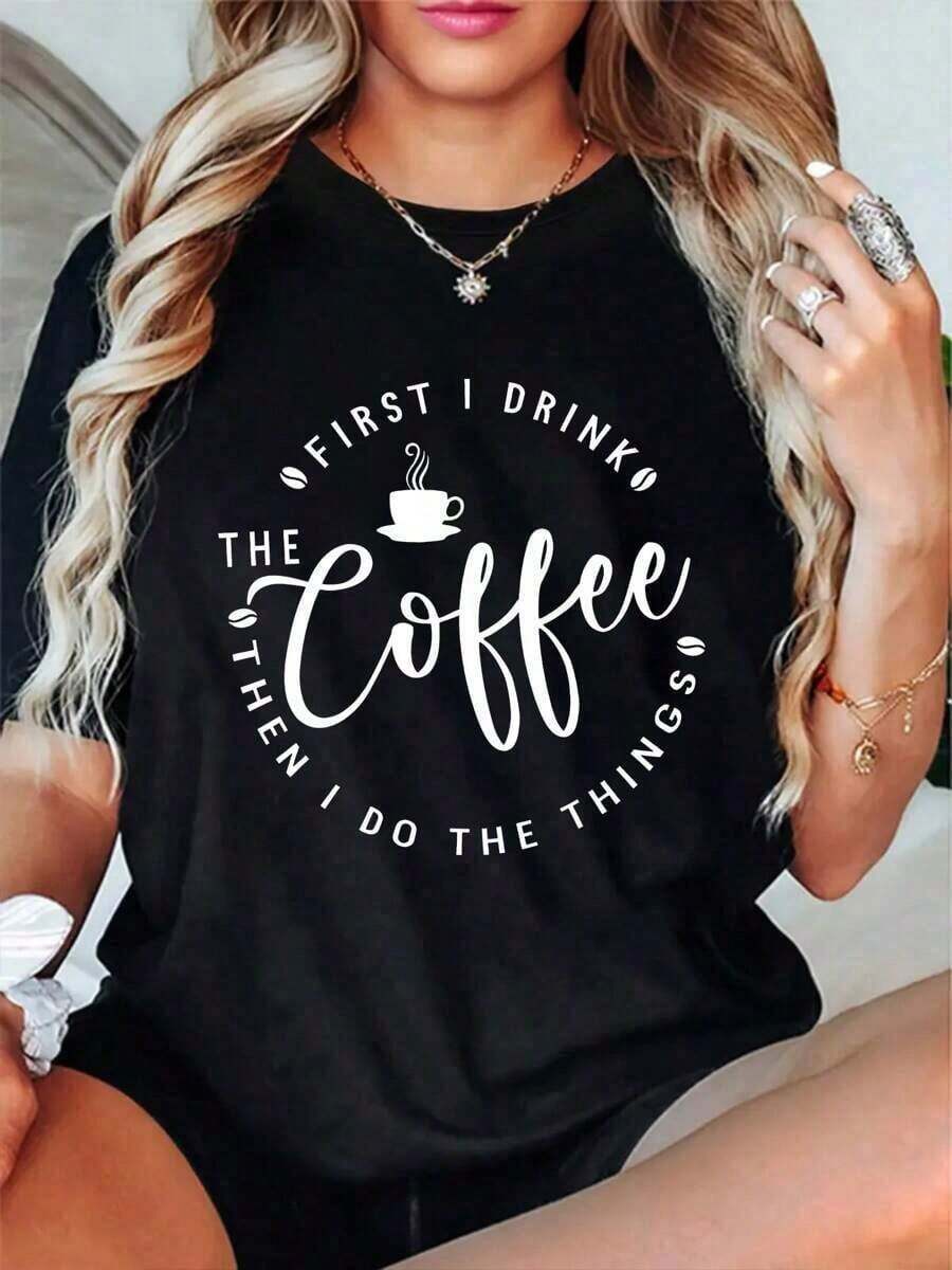 Korean 1 Piece Graphic Tee With Lettering Coffee Then I Do The Thing, Casual Women's Fashion, Short Sleeve Crew Neck T-Shirt, Women's Clothing 180g 100% Soft Cotton Graphic Tee - 黑色 - 查看 1