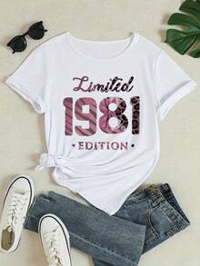 Women's Plus Size Limited Edition 100% Cotton T-Shirt With 1981 Vintage Design - Vintage '81 Style In Pink And Black, Short Sleeve Top With Soft Crew Neck, Machine Washable, Versatile Casual Wear For All Seasons, Stylish Printed Design, Stretch Fabric, A Must-Have For Fashion Enthusiasts - Everyday T-Shirts - 白色 - 查看 3