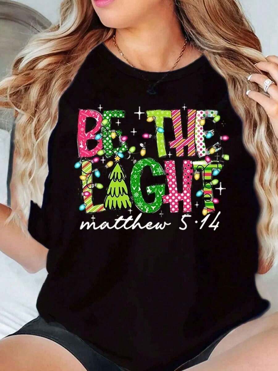 New Women's Casual Summer T-Shirt With Round Neck, Colorful Graphic Print "Be The Light Matthew 514", Loose Fit, Urban Vintage Style, Unisex, Cotton, Short Sleeve, 220g - 黑色 - 查看 1