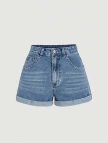Falda pantalón de mezclilla de unicolor con bajo asimétrico para mujer - Azul - Ver 5