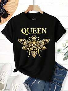 Women's Queen Graphic T-Shirt - Casual Black Short Sleeve Crew Neck T-Shirt With Golden Bee Design, Perfect For Spring And Summer, Everyday Wear T-Shirt | Crown Design T-Shirt | Short Sleeve T-Shirt - 黑色 - 查看 2