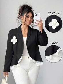 Colección de elegancia extravagante (Vibraciones de "¡Ay de mí!")(Estética del miércoles) Blazer de moda elegante con parches de encaje y flores 3D para mujeres - Negro - Ver 8
