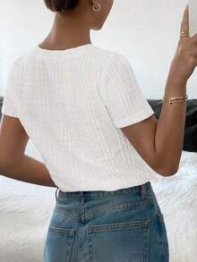 Camiseta de cuello redondo de manga corta de unicolor para mujer, versátil para el verano - Blanco - Ver 2