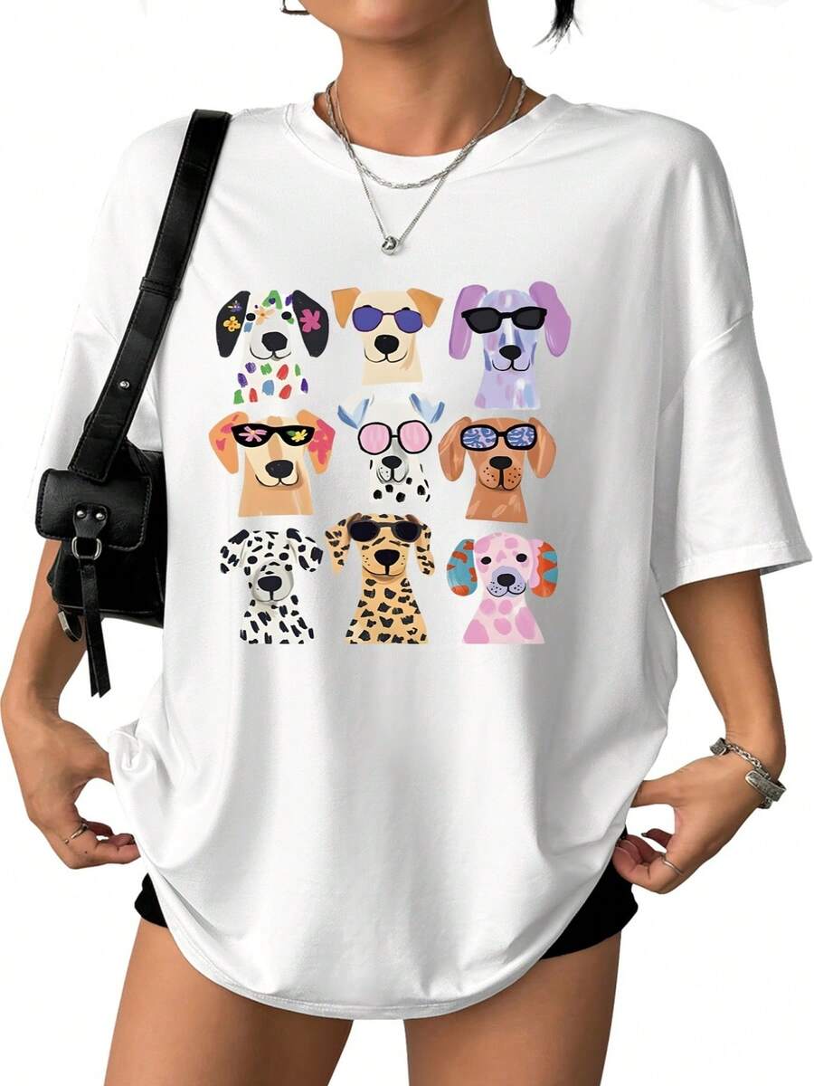 Casual Cotton T-Shirts For Spring/Summer, For Men And Women, Featuring A Dog Wearing Sunglasses. Stylish Dog Print, Soft And Comfortable Fabric, Versatile Casual Wear, Great As A Gift, Available In Local Stock. FV5D - 白色 - 查看 1