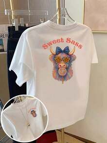 Women's Basic T-Shirts - Casual Short Sleeve T-Shirts, Lightweight Essentials For Summer Wardrobe, Women's T-Shirt, Front And Back Design With A Sweet And Bold Style, Elegant Short Sleeves With Bull Head Monster Print, Unique Double-Sided Design, Casual Women's Clothing - Casual Round Neck T-Shirt, Comfortable Fit, Suitable For Casual Outings And Sports. - 白色 - 查看 7