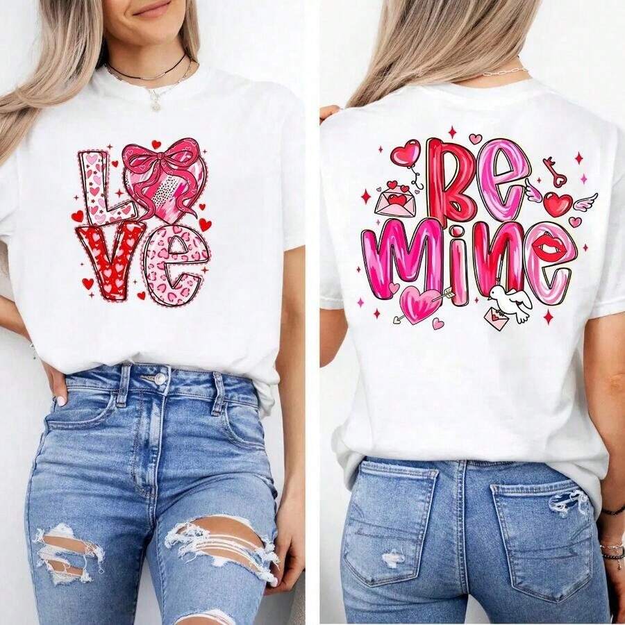 Double-Sided 100% Cotton Love T-Shirt With The Phrase "Cupid Says Be Mine," A Great Gift For Teens Who Want To Avoid Valentine's Day Pressure. Unisex Cotton Loose-Fitting Short-Sleeved Crew Neck T-Shirt With A Vintage Urban Style, Perfect For Summer Wear. - 白色 - 查看 1