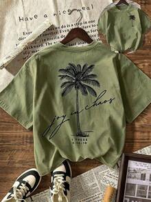 Women's Short-Sleeved T-Shirt With Round Neck And Palm Print, Summer Beachwear For Vacation. - 軍綠色 - 查看 6