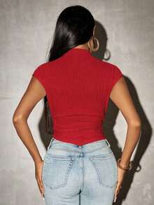 Camiseta de punto con bajo asimétrico de unicolor para mujer, primavera - Rojo - Ver 2
