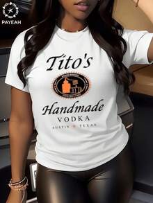 Payeah 1 Piece Women's Short Sleeve T-Shirt 100% Cotton With Tito's Handmade Vodka Digital Print - Unisex Vintage Urban Style, Loose Fit Cotton Short Sleeve Crew Neck T-Shirt - 白色 - 查看 7